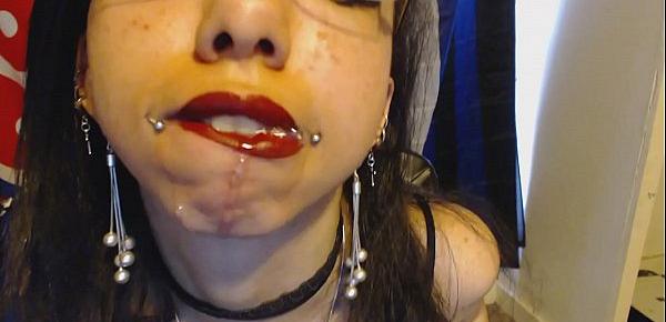  Goth with Red Lipstick Drools a Whole Lot and Blows Spit Bubbles at You - Spit and Saliva and Lipstick Fetish